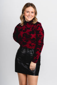 Floral mock neck bodysuit dark magenta - Cute Bodysuit - Trendy Bodysuits at Lush Fashion Lounge Boutique in Oklahoma City