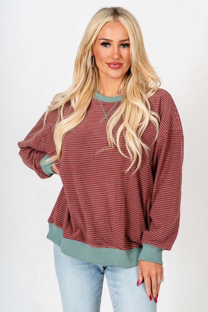 Crew neck striped sweatshirt taupe/red