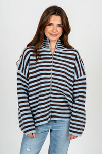 Striped zip up sweater blue/brown – Stylish Sweaters | Boutique Sweaters at Lush Fashion Lounge Boutique in Oklahoma City