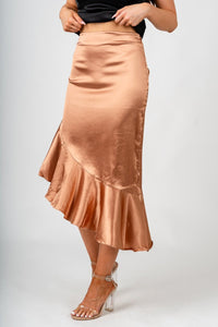 Asymmetrical ruffle satin skirt bronze | Lush Fashion Lounge: boutique fashion skirts, affordable boutique skirts, cute affordable skirts