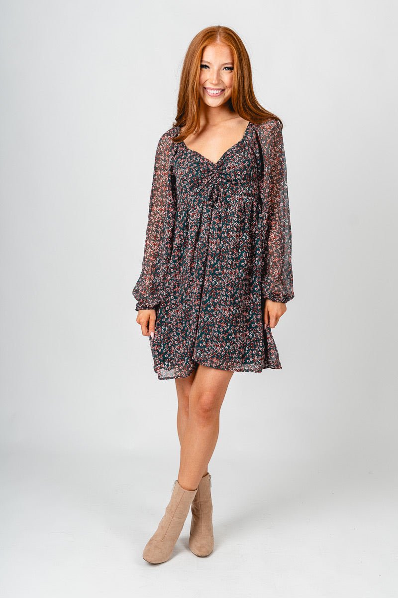 Floral babydoll dress dark green