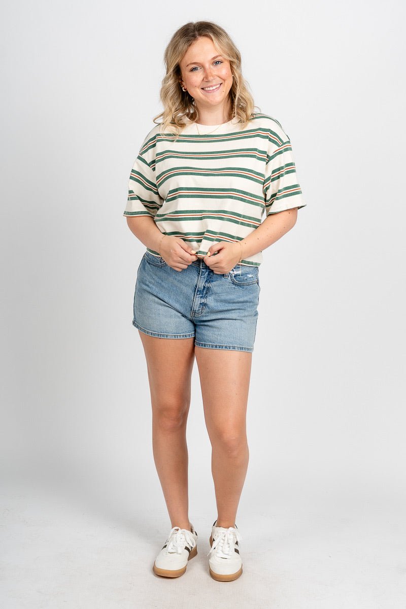 Striped crop tee ivory/green