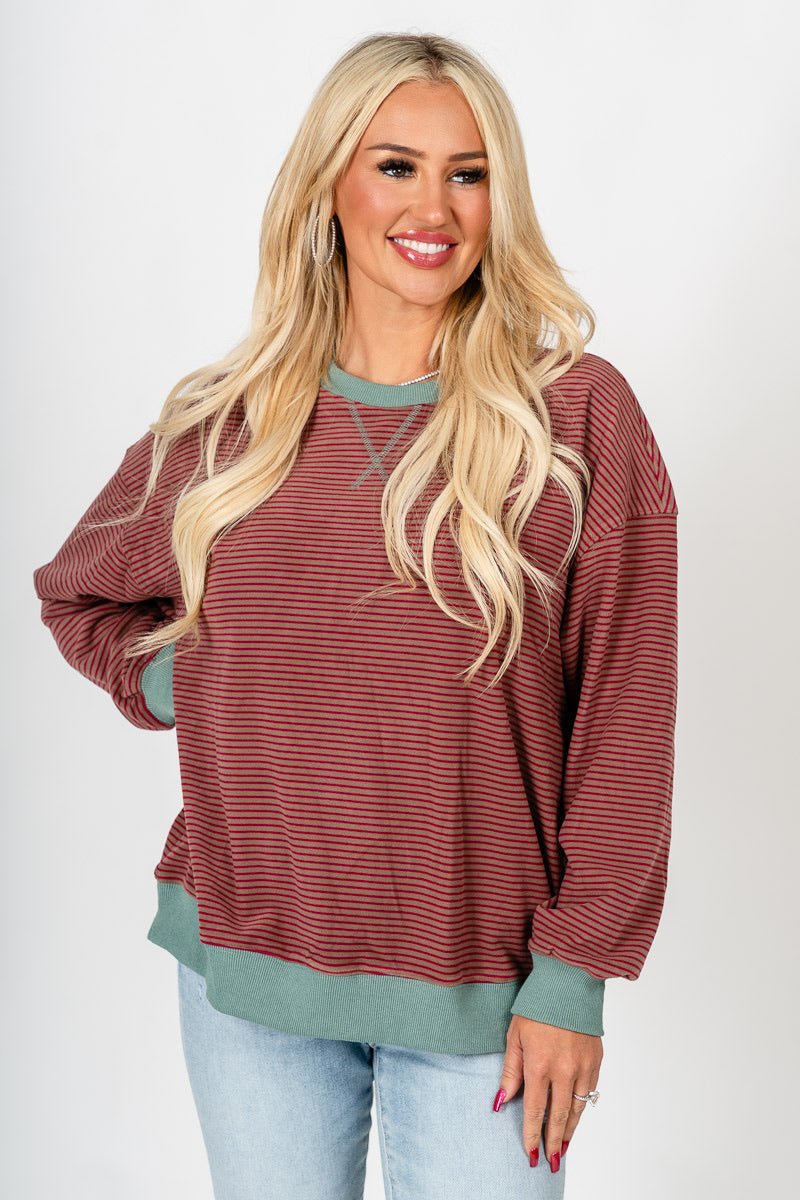 Crew neck striped sweatshirt taupe/red