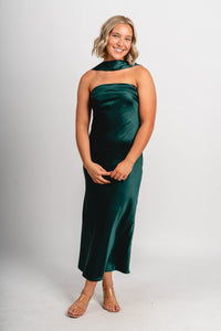 Scarf detail satin midi dress hunter green - Trendy Holiday Apparel at Lush Fashion Lounge Boutique in Oklahoma City