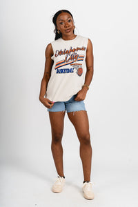 OKC basketball script swish muscle tank top bone - Oklahoma City inspired graphic t-shirts at Lush Fashion Lounge Boutique in Oklahoma City