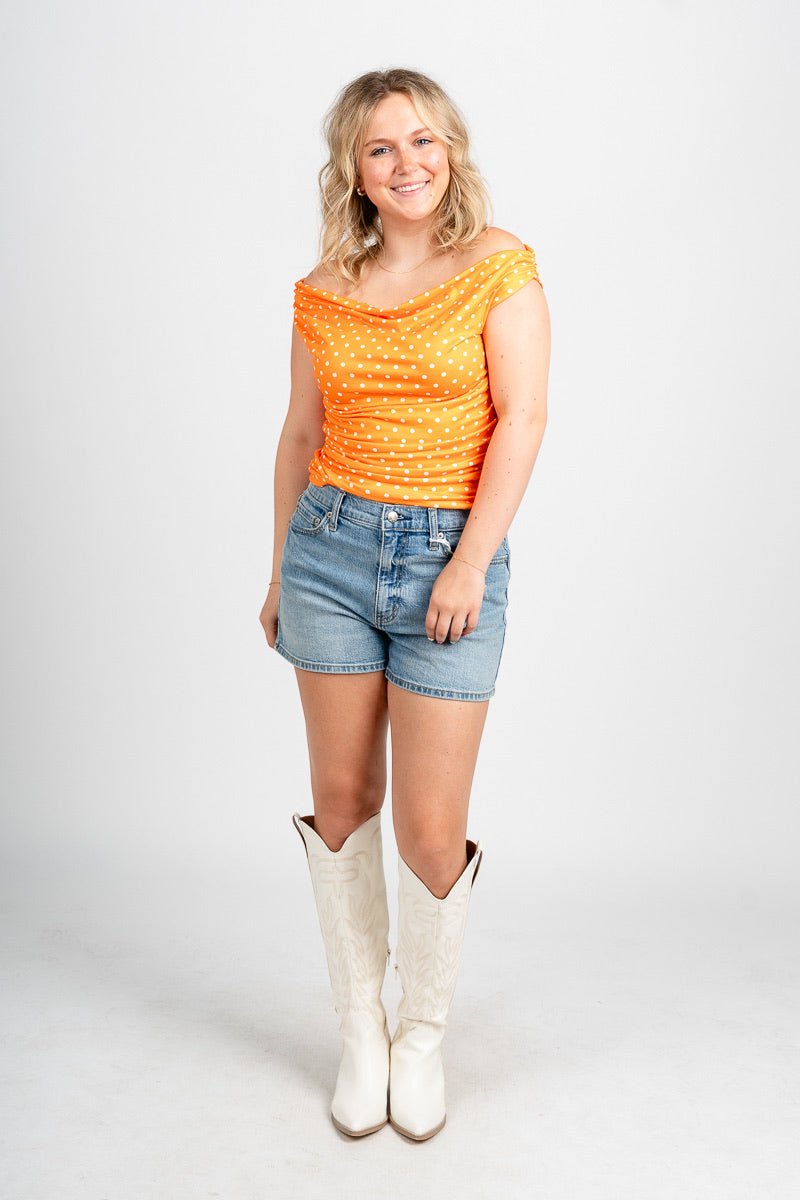 Cowl neck polka dot top orange/white