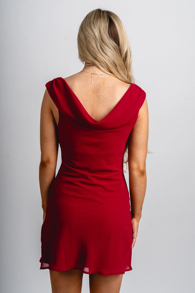 Sleeveless cowl back mini dress red
