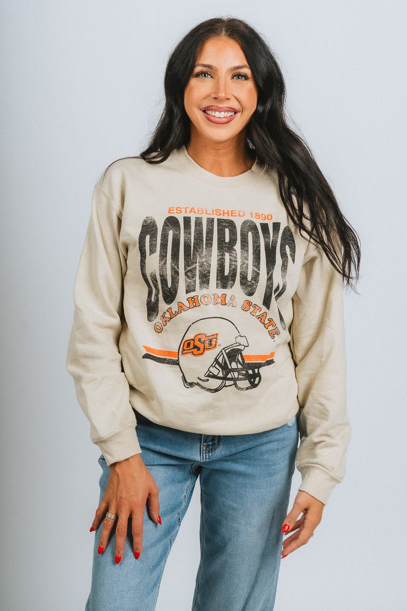 OSU OSU Cowboys established helmet thrifted sweatshirt sand Sweatshirt | Lush Fashion Lounge Trendy Oklahoma State Cowboys Apparel & Cute Gameday T-Shirts