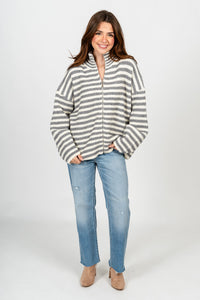 Striped zip up sweater heather grey/ivory - Trendy Sweaters | Cute Pullover Sweaters at Lush Fashion Lounge Boutique in Oklahoma City