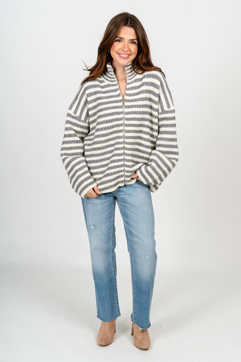 Striped zip up sweater heather grey/ivory - Trendy Sweaters | Cute Pullover Sweaters at Lush Fashion Lounge Boutique in Oklahoma City