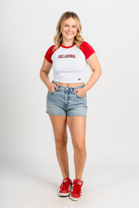 OU OU Sooners home run baby tee cardinal/white T-shirt | Lush Fashion Lounge Trendy Oklahoma University Sooners Apparel & Cute Gameday T-Shirts