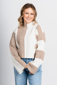 Color block sweater taupe/ivory – Stylish Sweaters | Boutique Sweaters at Lush Fashion Lounge Boutique in Oklahoma City
