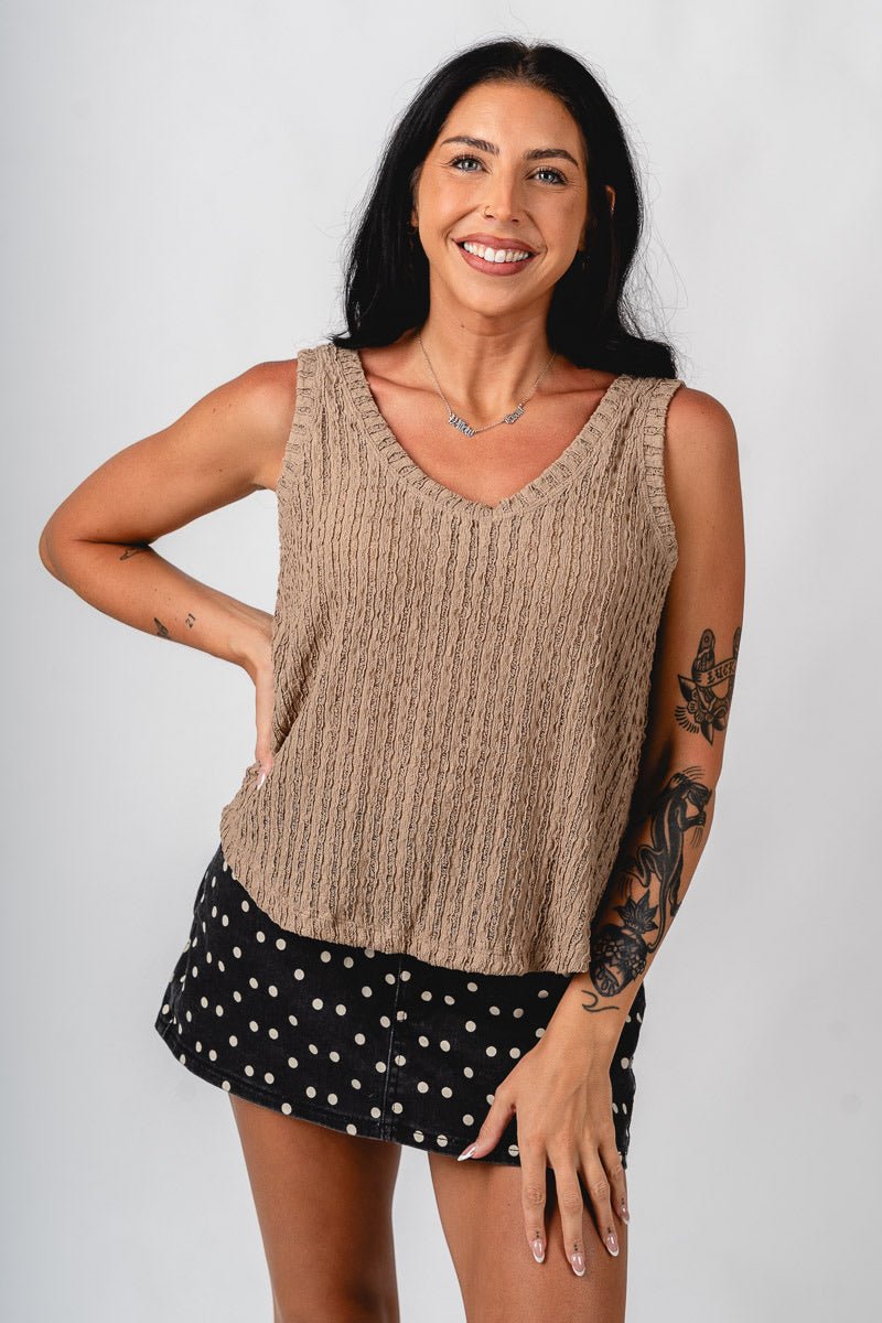 Double v knit tank top dark taupe - Cute tank top - Trendy Tank Tops at Lush Fashion Lounge Boutique in Oklahoma City