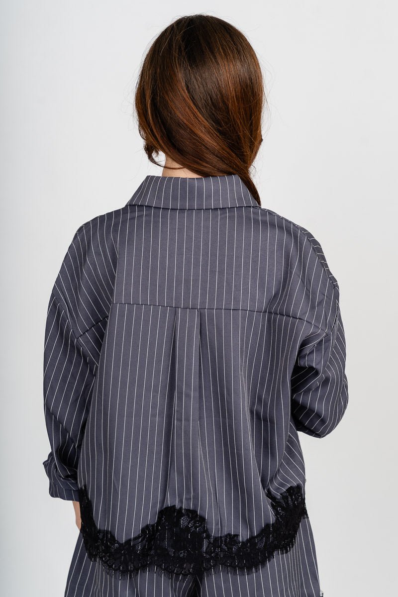 Lace trim striped button up blouse charcoal