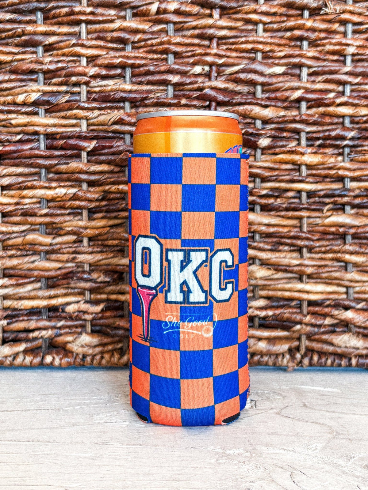 OKC golf tee checkered drink koozie orange/blue - Trendy Gifts at Lush Fashion Lounge Boutique in Oklahoma City
