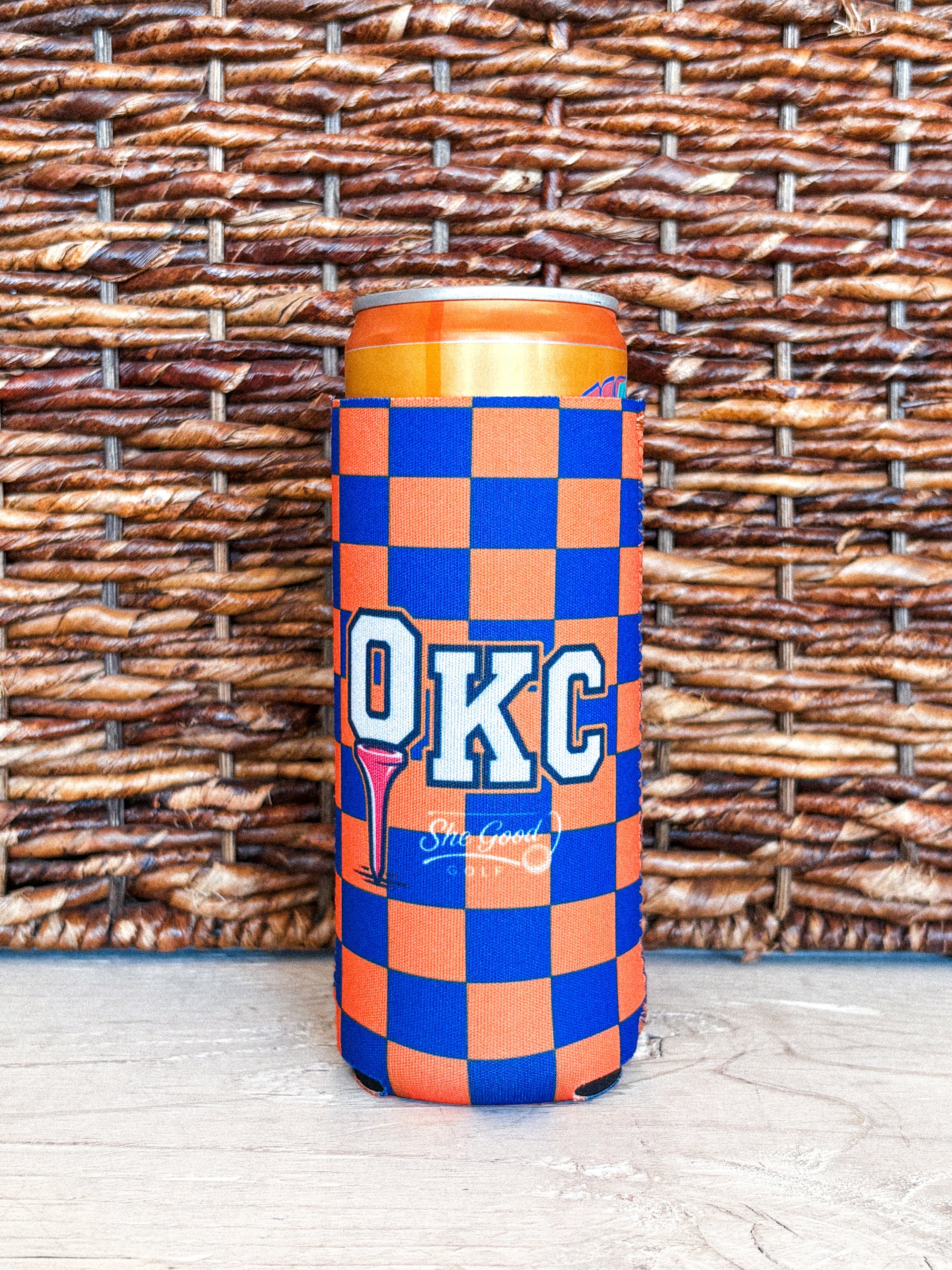 OKC golf tee checkered drink koozie orange/blue