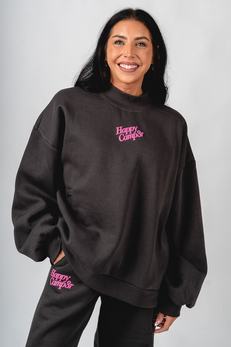 Happy Camper puff mock neck sweatshirt charcoal
