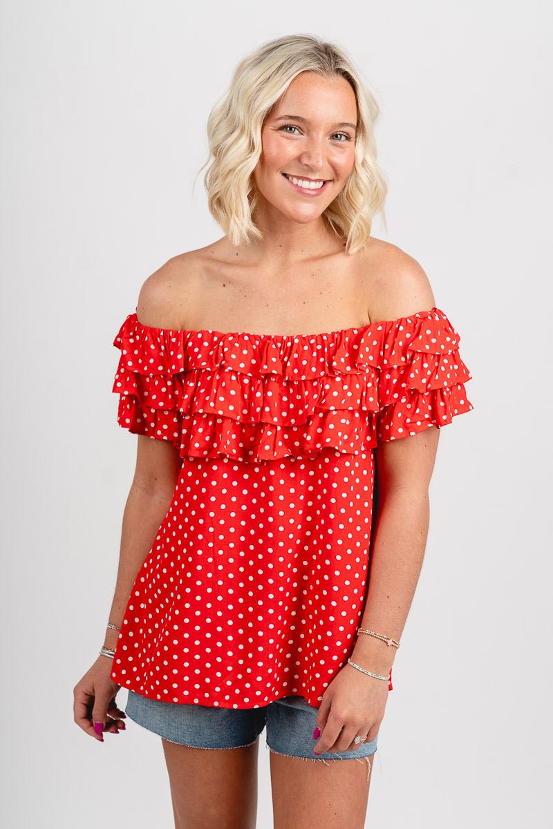 Off shoulder polka dot ruffle top red - Cute top - Fun American Summer Outfits at Lush Fashion Lounge Boutique in Oklahoma City