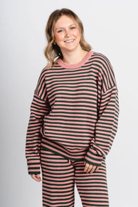 Striped long sleeve sweater green/pink – Stylish Sweaters | Boutique Sweaters at Lush Fashion Lounge Boutique in Oklahoma City