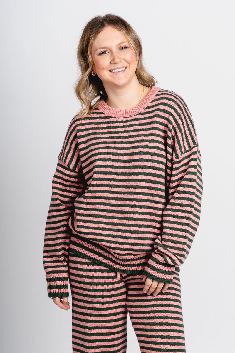 Striped long sleeve sweater green/pink – Stylish Sweaters | Boutique Sweaters at Lush Fashion Lounge Boutique in Oklahoma City