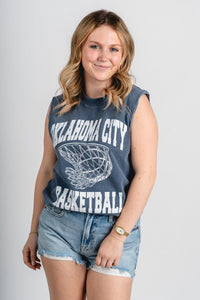 OKC swish muscle tank top navy - Trendy Oklahoma City Basketball T-Shirts Lush Fashion Lounge Boutique in Oklahoma City