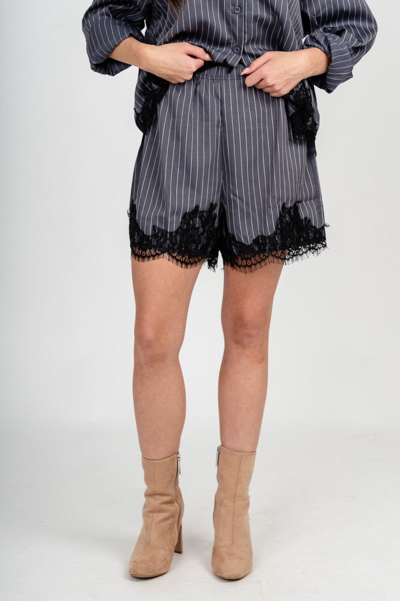 Lace trim striped shorts charcoal