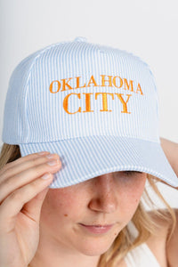 Oklahoma City pinstripe hat light blue/white - Trendy Hats at Lush Fashion Lounge Boutique in Oklahoma City