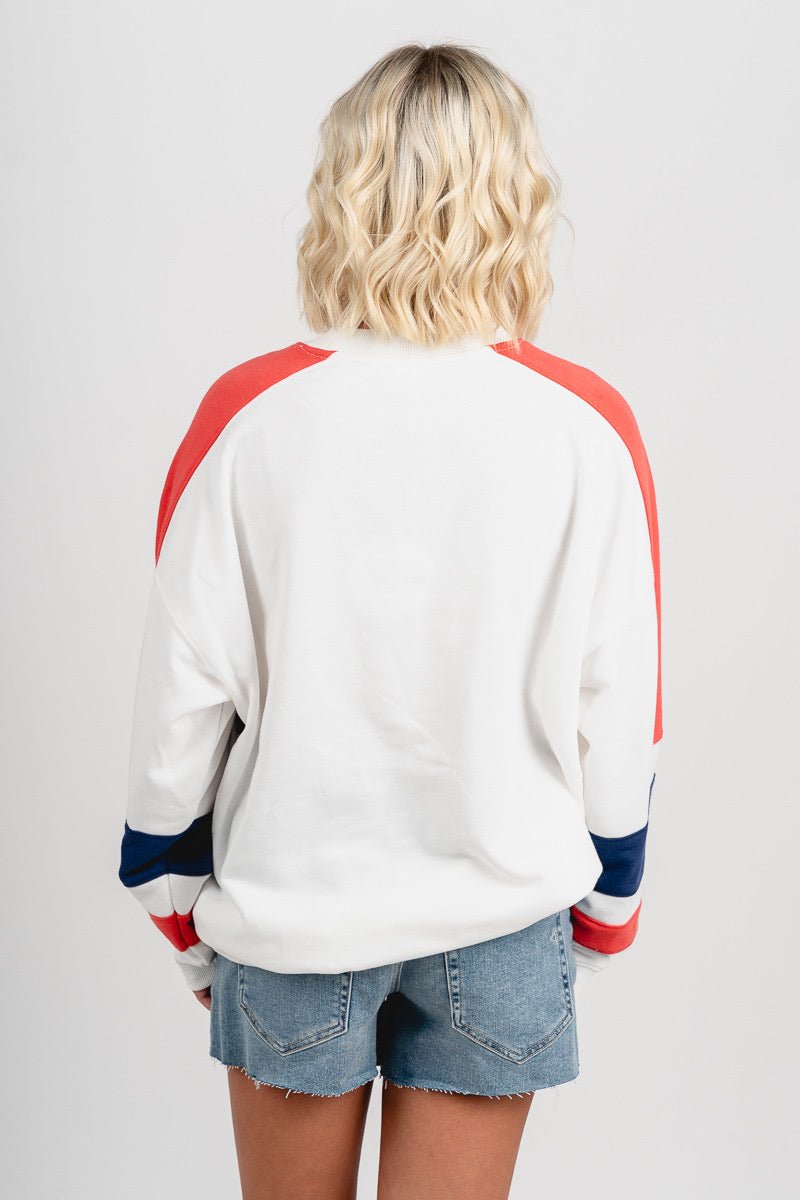 USA color block sweatshirt red/white/navy - Adorable sweatshirt - Stylish Patriotic Summer Graphic Tees at Lush Fashion Lounge Boutique in OKC