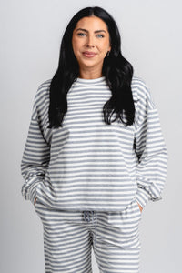 Striped long sleeve top grey/ivory - Cute top - Fun Cozy Basics at Lush Fashion Lounge Boutique in Oklahoma City