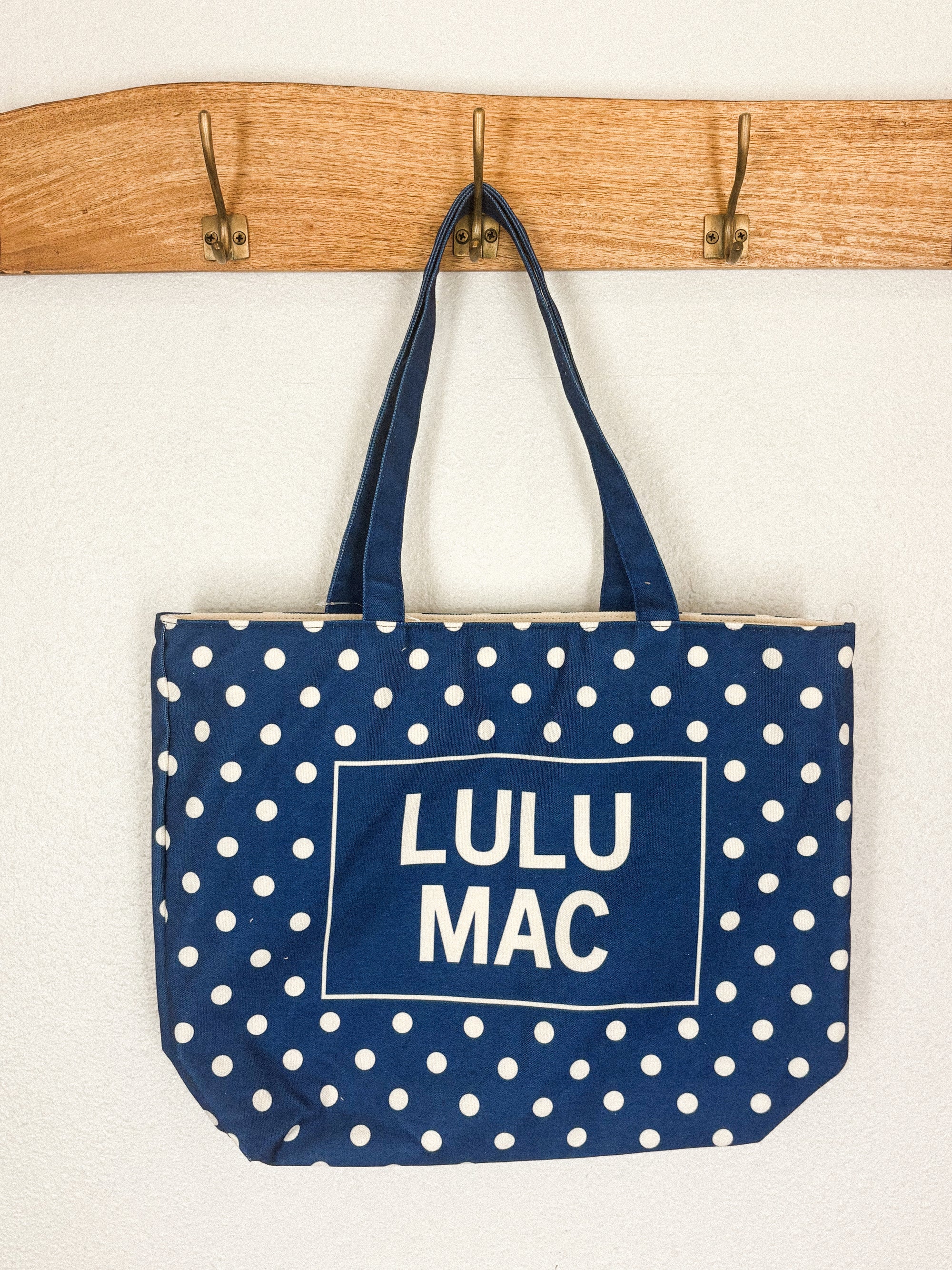 LuLu Mac canvas tote bag navy polka dot