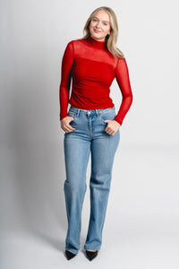 Mesh long sleeve top red - Trendy Valentine's T-Shirts at Lush Fashion Lounge Boutique in Oklahoma City