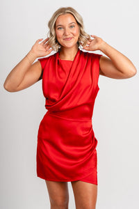 Cowl neck satin mini dress crimson - Affordable dress - Boutique Dresses at Lush Fashion Lounge Boutique in Oklahoma City
