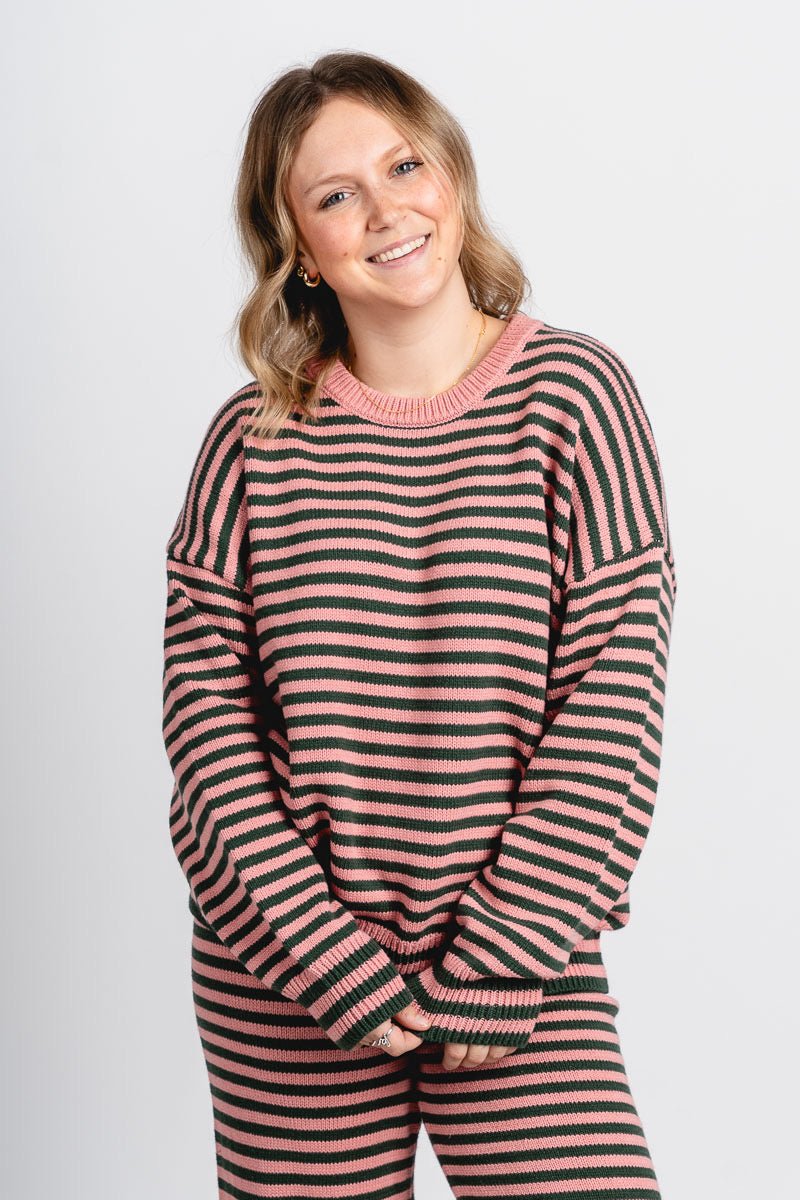 Striped long sleeve sweater green/pink – Boutique Sweaters | Fashionable Sweaters at Lush Fashion Lounge Boutique in Oklahoma City