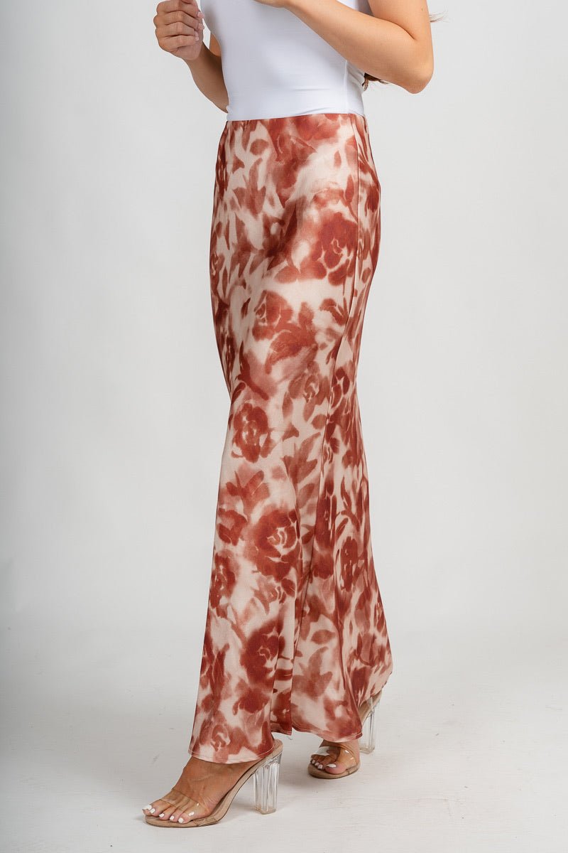 Satin floral maxi skirt rust