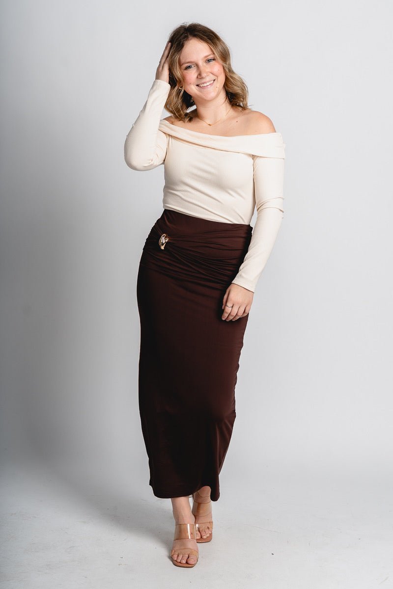 Ruched maxi skirt espresso | Lush Fashion Lounge: boutique fashion skirts, affordable boutique skirts, cute affordable skirts