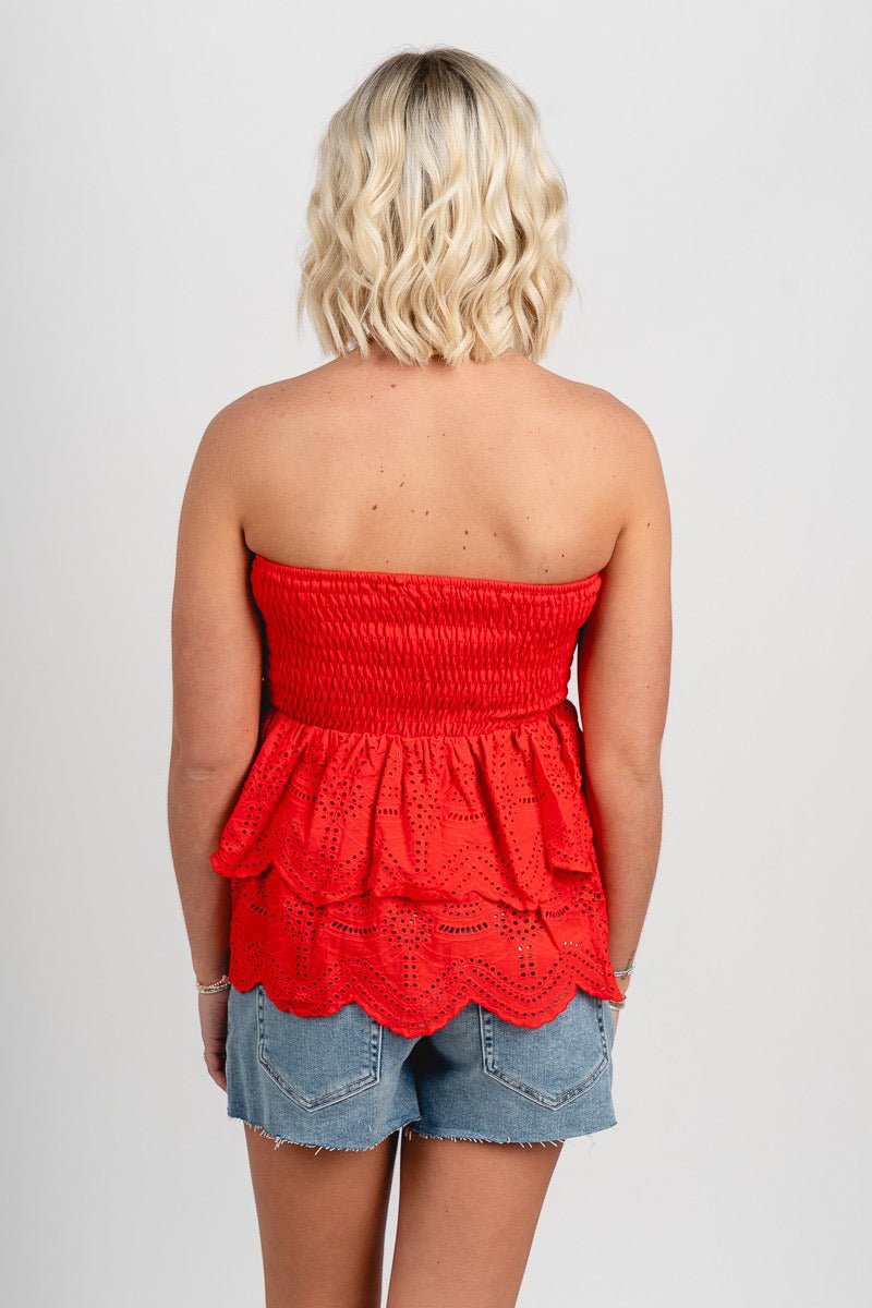 Eyelet lace tube top red
