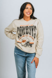 OSU OSU Cowboys established helmet thrifted sweatshirt sand Sweatshirt | Lush Fashion Lounge Trendy Oklahoma State Cowboys Apparel & Cute Gameday T-Shirts