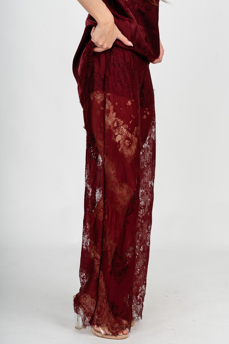 Lace wide leg pants burgundy | Lush Fashion Lounge: women's boutique pants, boutique women's pants, affordable boutique pants, women's fashion pants