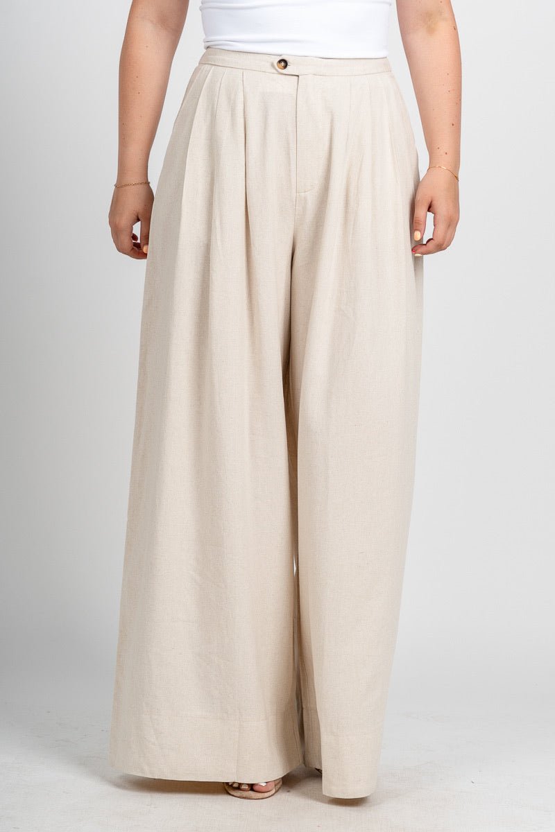 Pleated wide leg linen pants oatmeal | Lush Fashion Lounge: women's boutique pants, boutique women's pants, affordable boutique pants, women's fashion pants