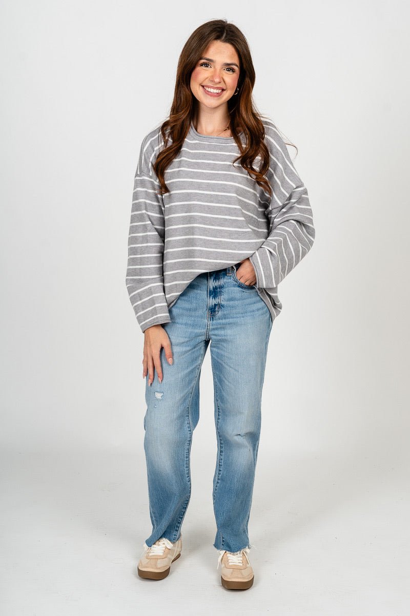 Striped oversized sweater heather grey - Trendy Sweaters | Cute Pullover Sweaters at Lush Fashion Lounge Boutique in Oklahoma City