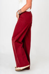OU Just USA high rise palazzo wide leg jeans dark cherry jeans | Lush Fashion Lounge Trendy Oklahoma University Sooners Apparel & Cute Gameday T-Shirts