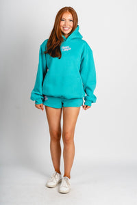 Happy Camper hoodie candy teal - Adorable hoodie - Stylish Comfortable Outfits at Lush Fashion Lounge Boutique in OKC