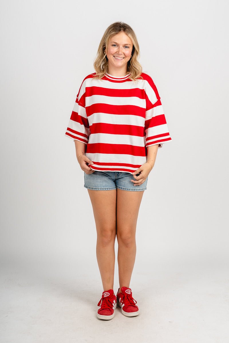 Striped short sleeve oversized sweater red/white