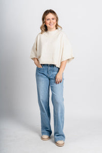 Mock neck short sleeve crop sweater ivory - Trendy Sweaters | Cute Pullover Sweaters at Lush Fashion Lounge Boutique in Oklahoma City