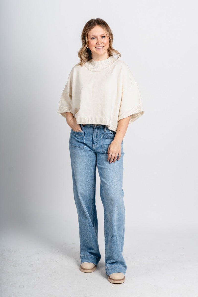 Mock neck short sleeve crop sweater ivory - Trendy Sweaters | Cute Pullover Sweaters at Lush Fashion Lounge Boutique in Oklahoma City