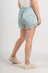 Lace trim satin shorts mint Stylish shorts - Womens Fashion Shorts at Lush Fashion Lounge Boutique in Oklahoma City