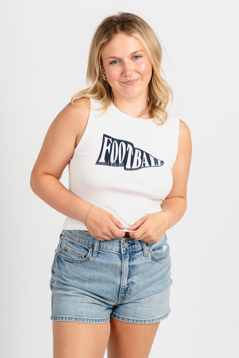 Football pennant flag tank top white/navy - Cute top - Trendy Tank Tops at Lush Fashion Lounge Boutique in Oklahoma City