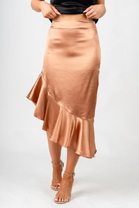 Asymmetrical ruffle satin skirt bronze | Lush Fashion Lounge: boutique fashion skirts, affordable boutique skirts, cute affordable skirts