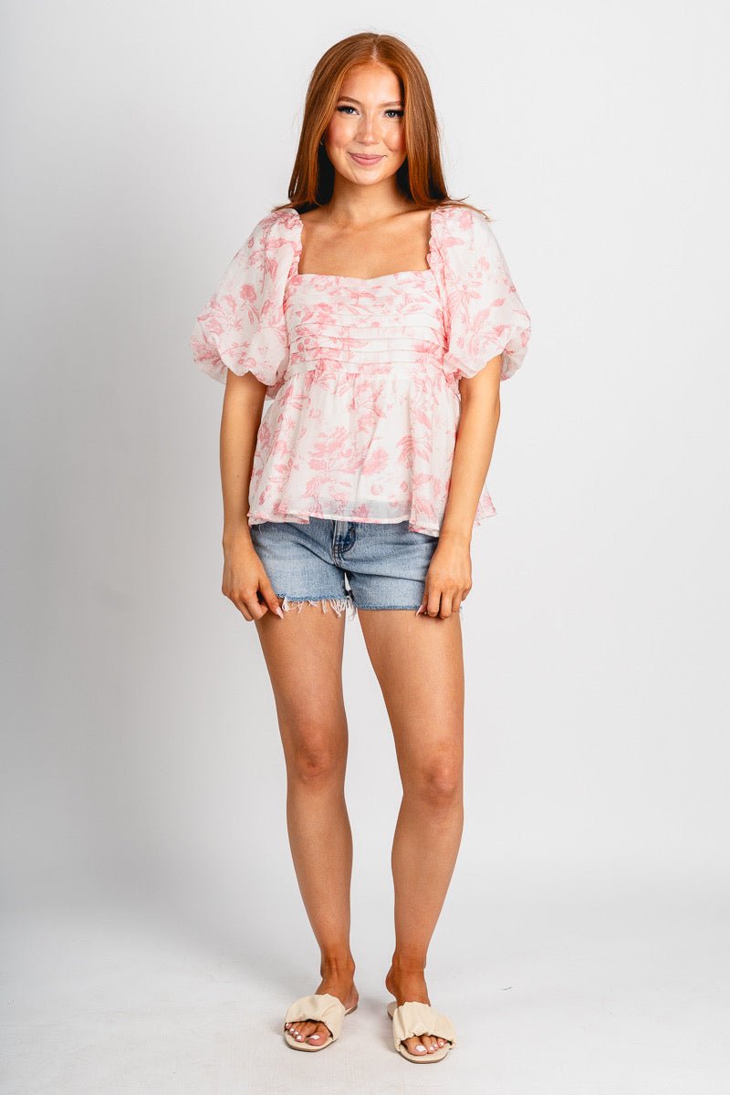 Floral puff sleeve top white/pink - Fun top - Unique Getaway Gear at Lush Fashion Lounge Boutique in Oklahoma