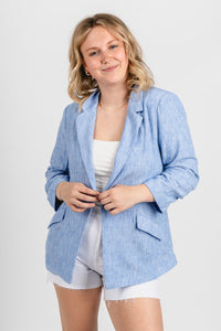 Chambray blazer light blue – Trendy Jackets | Cute Fashion Blazers at Lush Fashion Lounge Boutique in Oklahoma City